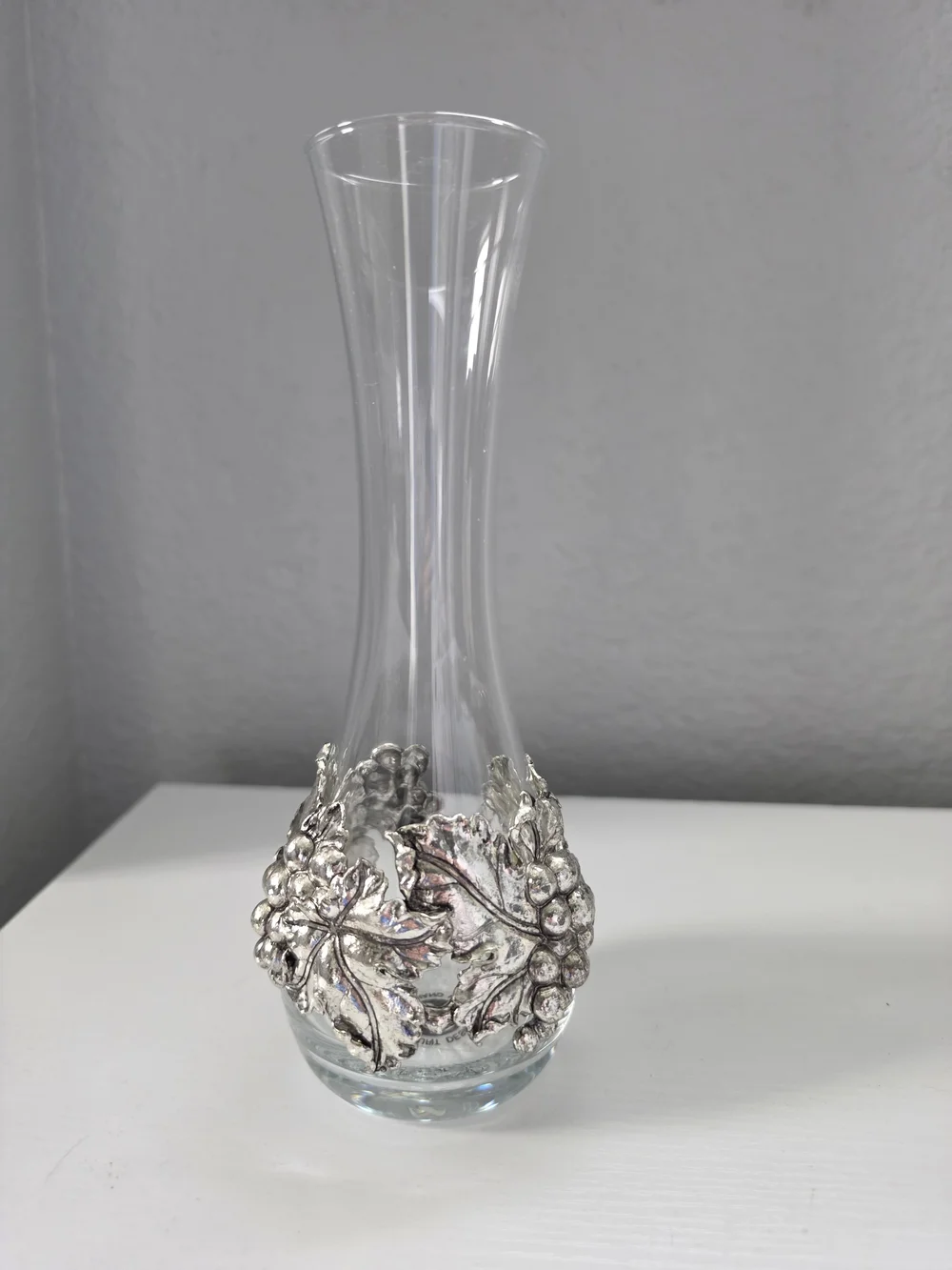 Arthur Court Clear Glass Bud Vase with Silver Grape Motif